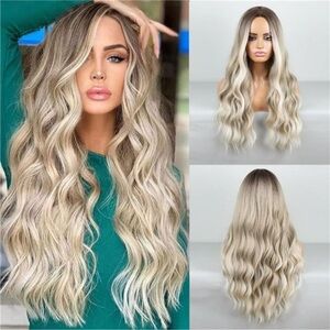 Ombre Blonde Wig Long Wavy Wig For Women Middle Part Wavy Wigs Synthetic